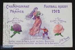 Very rare 1912 French Championship Rugby Postcard: Postally used 1914 by military post, colourful