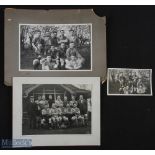 3x Vintage football prints and photographs varying sizes, laid down to card and one postcard sized