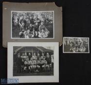 3x Vintage football prints and photographs varying sizes, laid down to card and one postcard sized