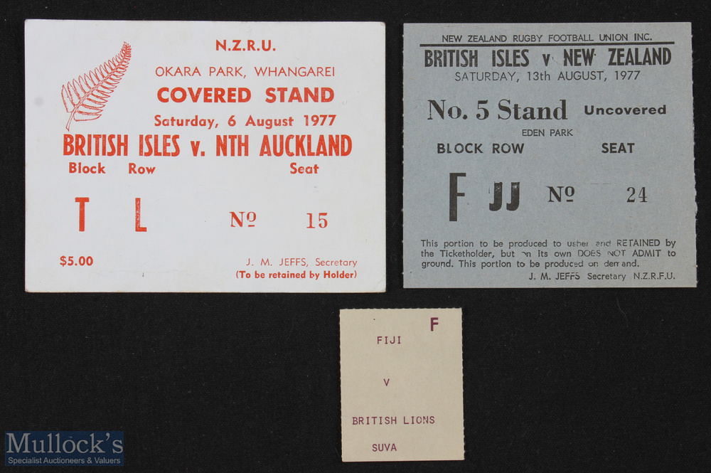 Very rare 1977 British Lions in New Zealand & Fiji Rugby Tickets (3): v NZ (Auckland), North