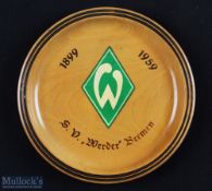 1959 SV Werder Bremen wooden plaque with Werder emblem, celebrating the period 1899-1959 for the
