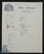 1940s/1950s Springboks Signed Sheet: 20 signatures of pre and post-war Boks on Hotel Metropole