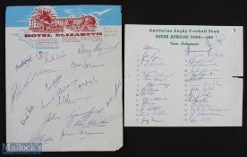 1963 Australian Tourists & South Africa Rugby Squad Autographs: Official Wallaby team sheet with