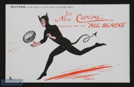 Scarce 1905 All Blacks 'Devil' Rugby Postcard: Unused Tuck's Series cartoon style black and red