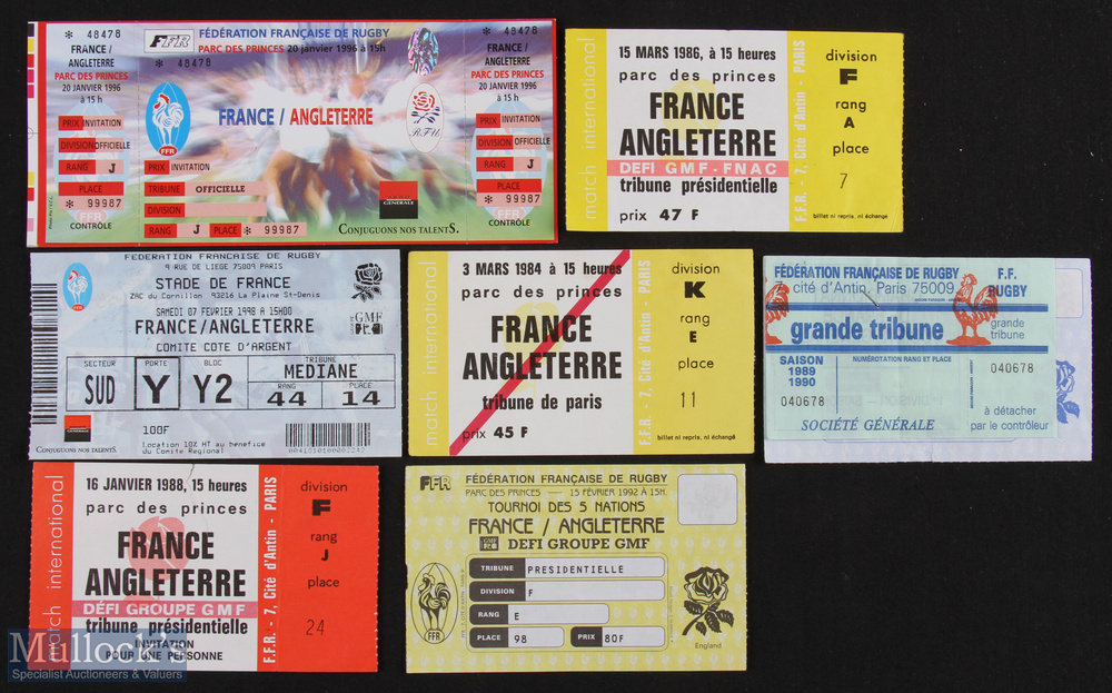 1984-98 France Home Rugby Tickets v England (7): In Paris 1984, 1986, 1988, 1990, 1992, 1996 & 1998.