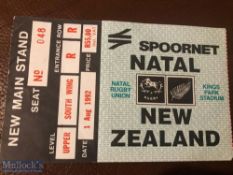 1992 Natal v New Zealand Rugby Ticket: From All Blacks tour game in South Africa. VG