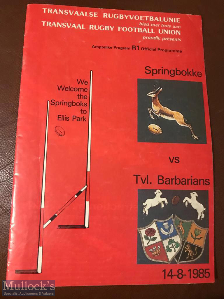 1985 Springboks v Transvaal Barbarians Rugby Programme: from game played at Ellis Park,