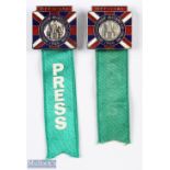 1966 Jules Rimet Cup - England official pin badges enamel/metal with green ribbon with 'Press'