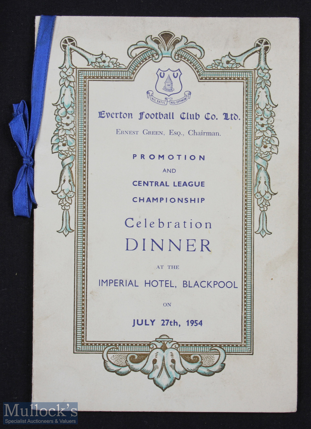 1954 Everton Celebration Dinner menu for Promotion and Central League championship held at