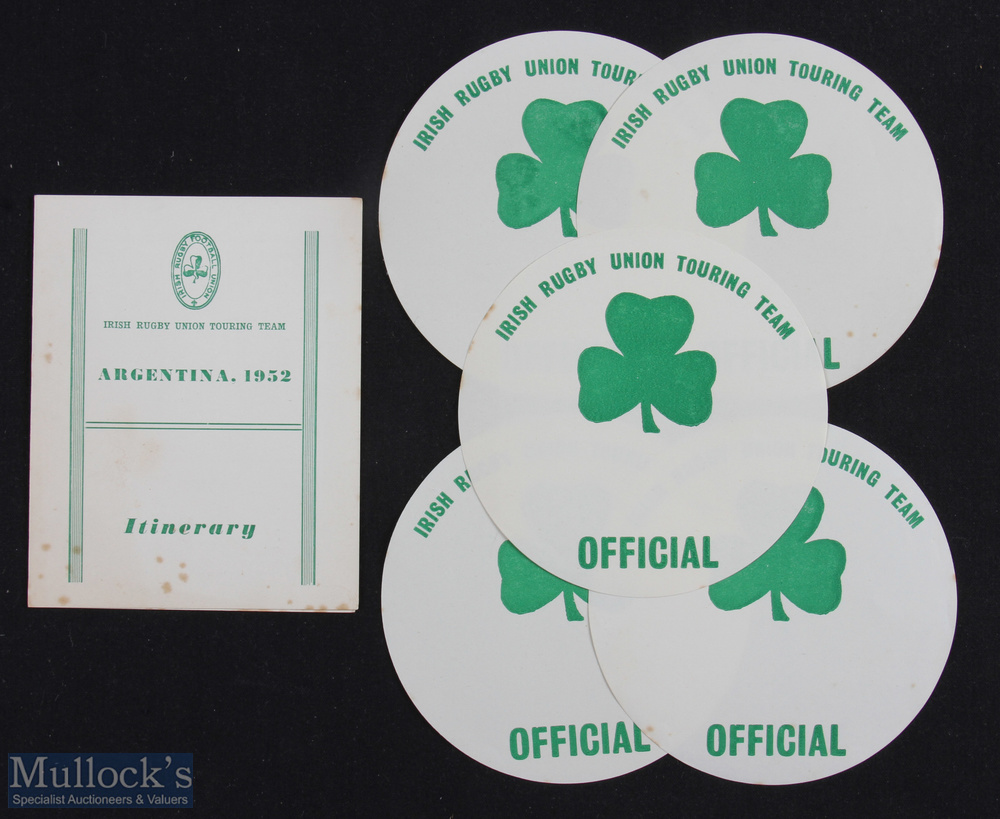 Scarce 1952 Ireland in Argentina Rugby Items (6): Itinerary card for this first jaunt to the