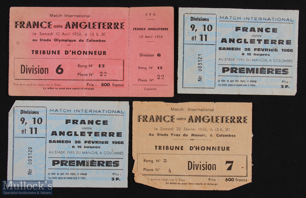 1956-66 France Home Rugby Tickets v England (3): The Colombes, Paris issues for 1954, 1956 and 1966.