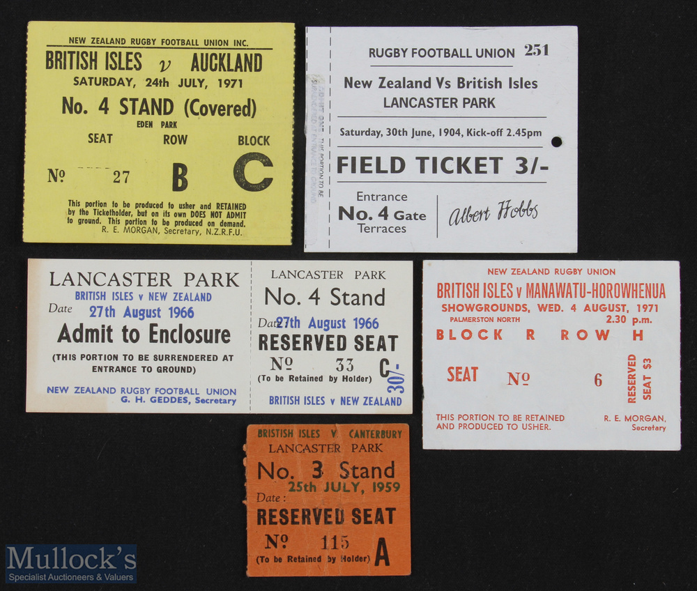 1959 to 1971 British Lions in New Zealand Rugby Tickets (5): v Canterbury 1959 (creased); v NZ at