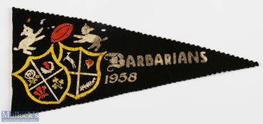 Rare 1958 Barbarians in South Africa Rugby Pennant: Tapering from 10" x 4.5", striking black and