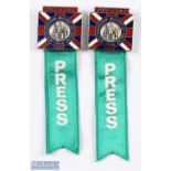 1966 Jules Rimet Cup - England official pin badges enamel/metal with green ribbon with 'PRESS'