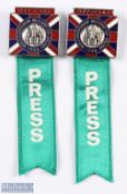 1966 Jules Rimet Cup - England official pin badges enamel/metal with green ribbon with 'PRESS'