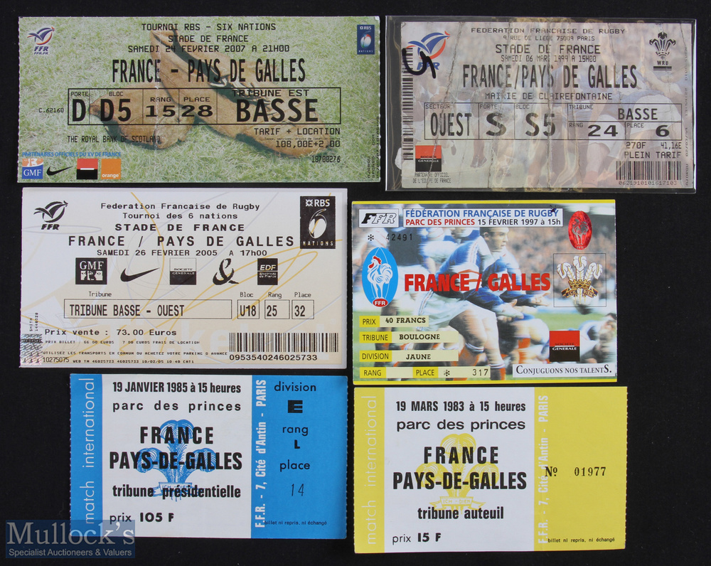 1983-2007 France Home Rugby Tickets v Wales (6): The issues for 1983, 1985, 1997, 1999, 2005 & 2007.