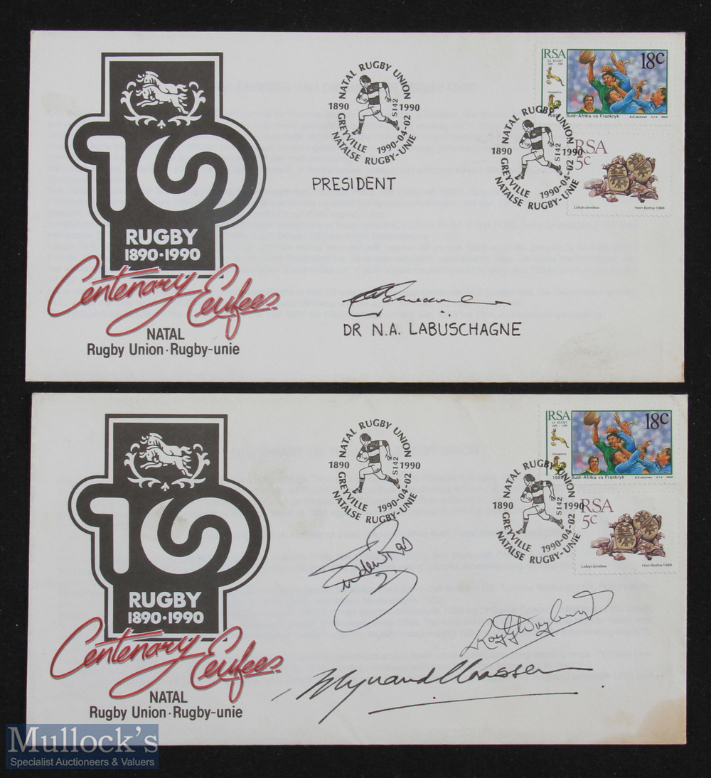 1990 Signed Natal Rugby Union Centenary First Day Covers (2): One signed by Natal President Nic