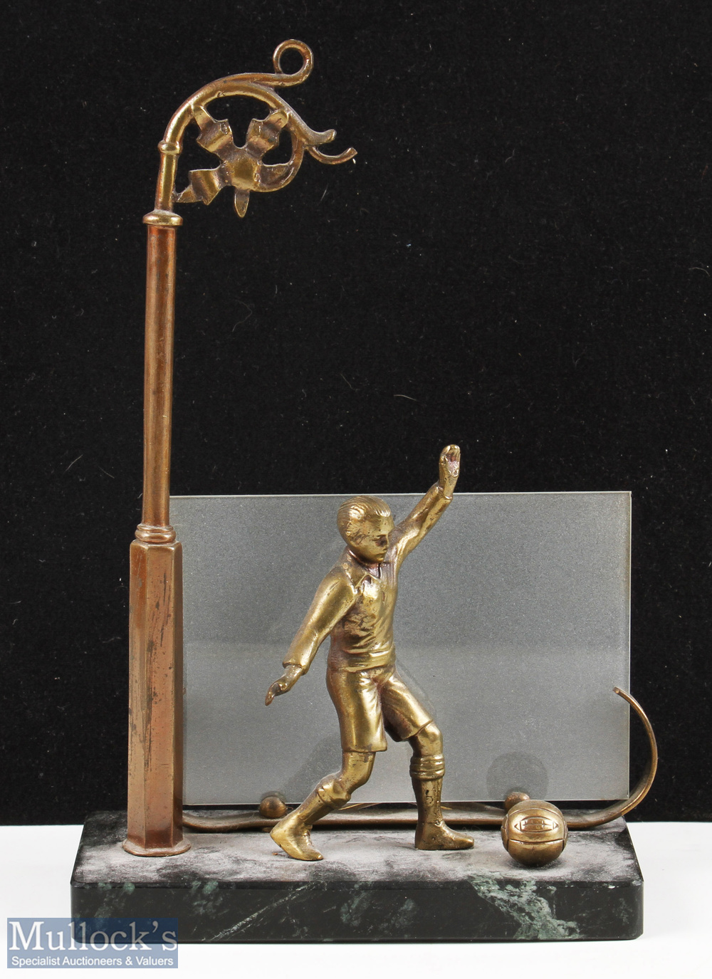 1930s Spelter and Marble Child Playing Football Lamp brass finished spelter lamp, with glass panel