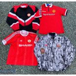 Manchester United early 1990s Adidas shirt/Sharp sponsor, late 1990s Umbro shirt/Sharp sponsor,