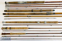 5x Various antique fishing rods – features Poolson fly caster 15ft 3in 4pc split cane, Milwards 11ft