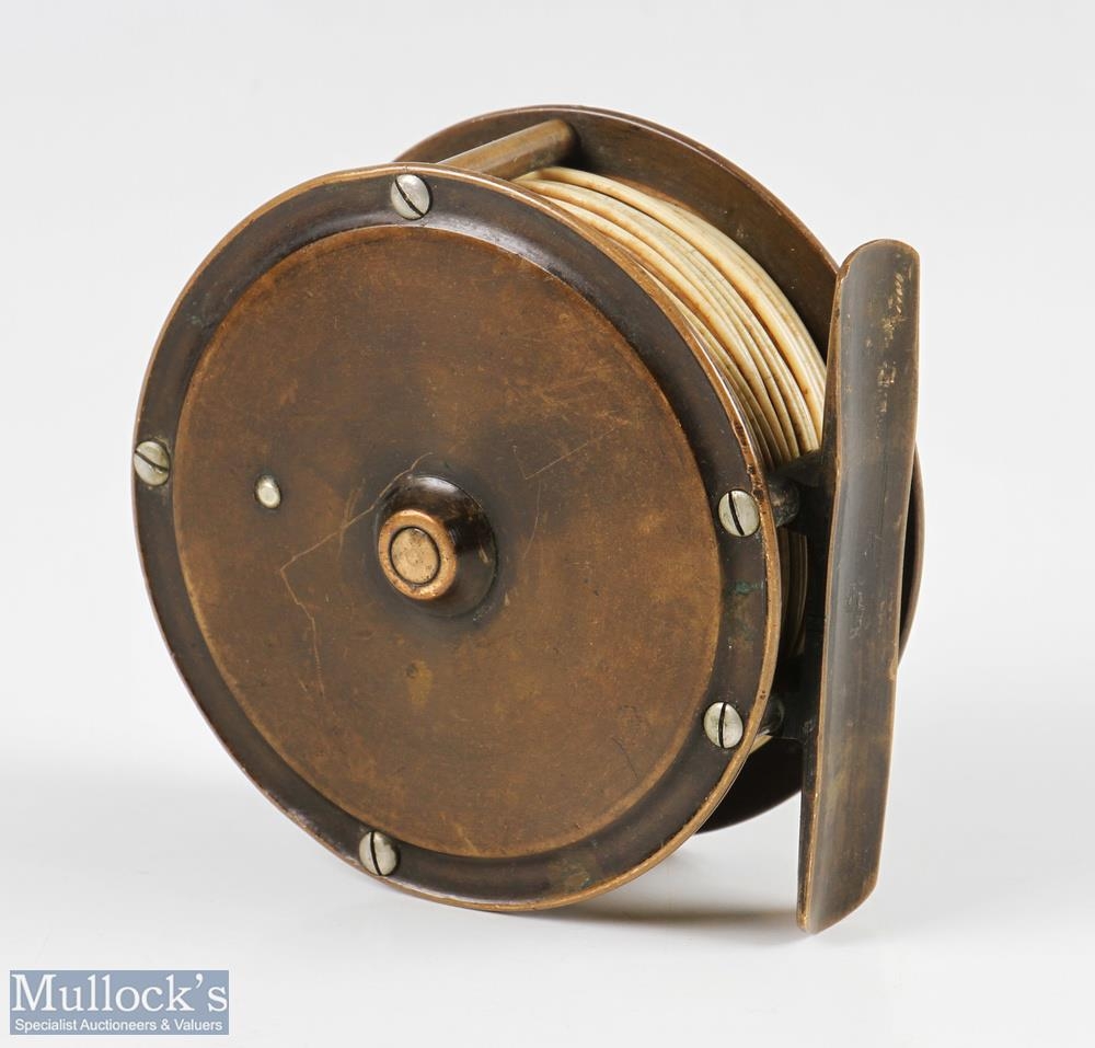 Eaton & Dellar 3” brass fly reel, stamped makers marks to face plate, horn handle, constant check, - Image 2 of 2