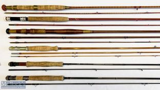 6x Various fishing rods – features 10ft 2pc split cane brass fitting marked The Mitchell, Martin