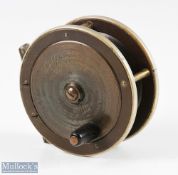 The Fly Fisher SEJ Winch 3 ¼” brass and ebonite reel, black handle, makers marks to brass faceplate,