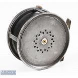 Eaton & Deller, London 4” wide drum alloy reel, perfect style perforated face, ivorine handle, brass