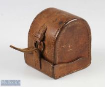 Good Leather Block D shaped reel case – overall 4” x 3” c/w leather strap, internal size is 3 1/