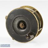 Struan Patent 4 ½” brass and alloy reel, makers marks to face with fat horn handle, brass back,