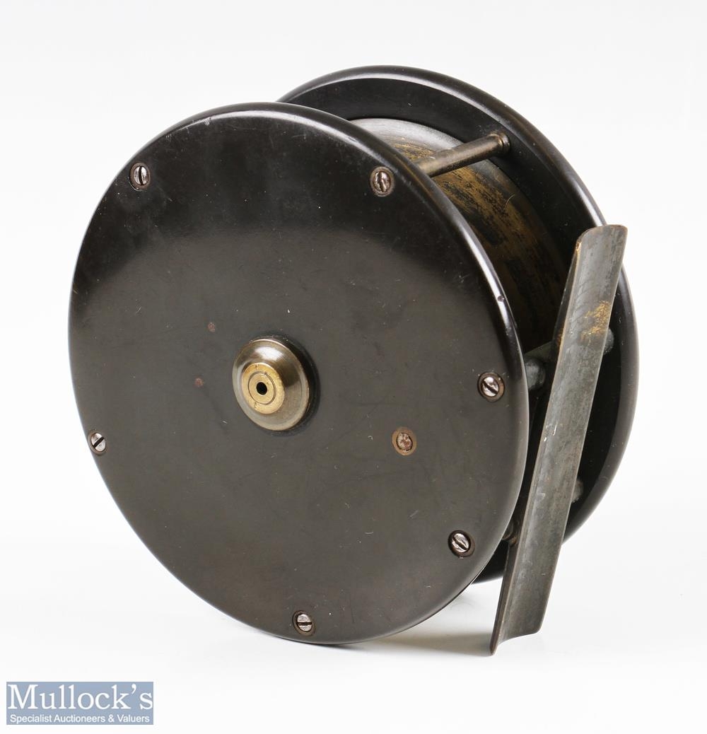 Early 20th century brass and ebonite 4 ½” reel, ebonite body and rim with brass face plate and foot, - Image 2 of 2