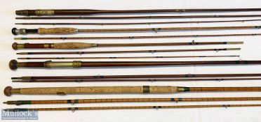 5x Various Antique fishing rods to include Alex Martin 10ft 2 pc split cane, Army and Navy 11ft