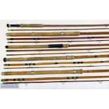 5x Various Antique fishing rods to include Sealey 11ft 3pc Octofloat De Luxe, Sealey Octopus 10ft