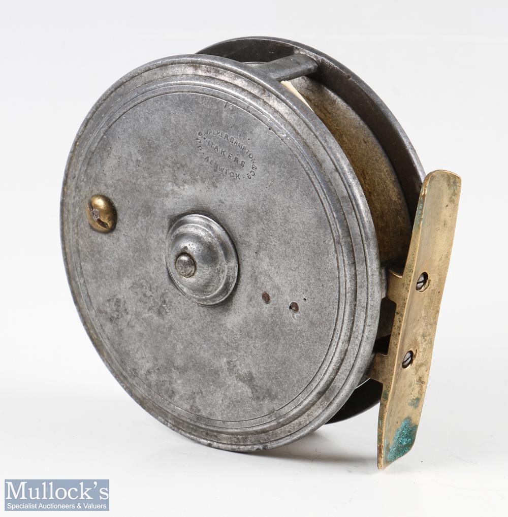 J J S Walker Bampton & Co, Alnwick 4” alloy fly reel, original handle, brass strap latch, brass - Image 2 of 2