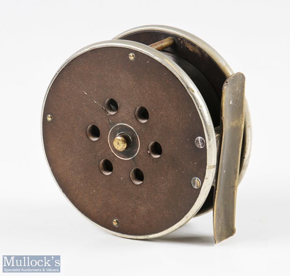 Heatons patent 3” brass and ebonite reel with German silver rims, horn handle, faceplate stamped ‘ - Image 2 of 2