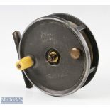 H Sims Newcastle 4 ½” alloy fly reel, makers marks to front with name Fred G Wilson, ivorine
