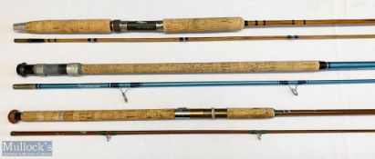 3x Various fishing rods – featuring M J Kenny market Harborough 1984 9ft 6in 2pc, plus ABU