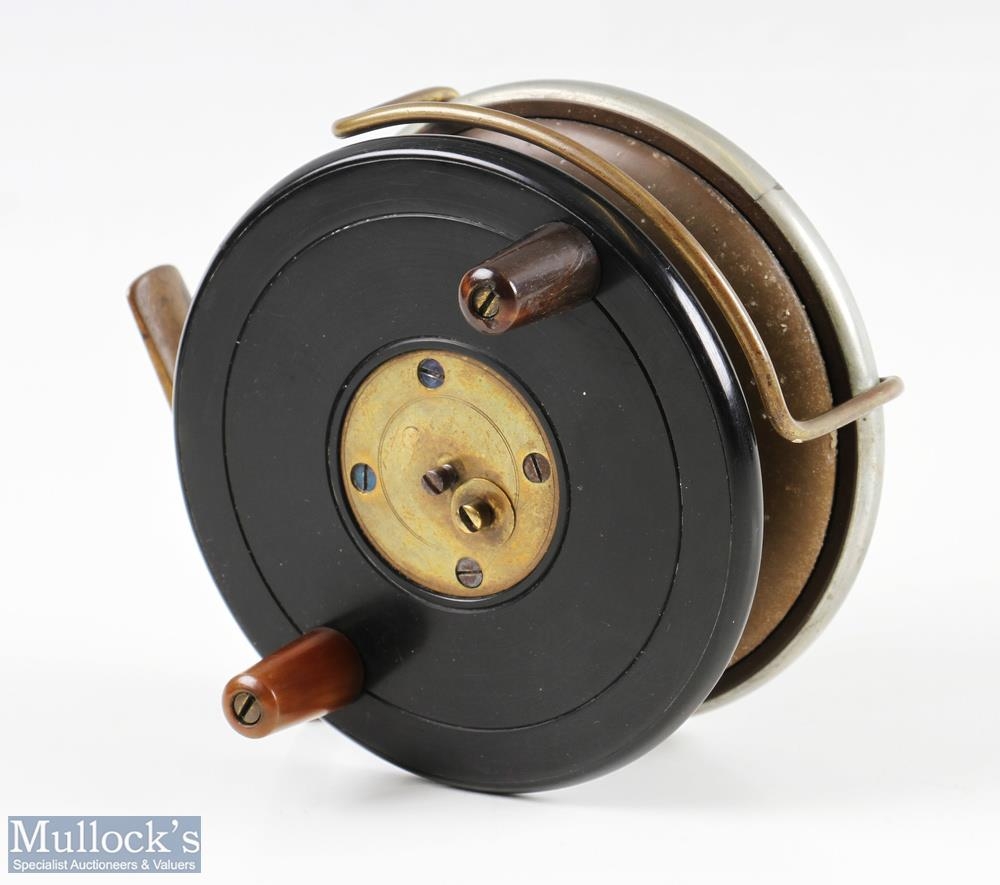 Victorian unmarked Slater Style 4” star back reel ebonite back and face with brass drum lining,
