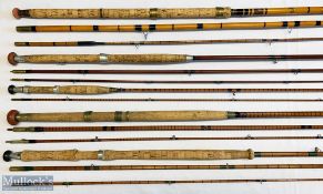 5x Various antique fishing rods – including Marvella 13ft 3in 3pc whole cane/split cane tip rod, J