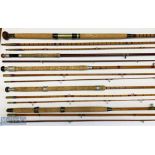 5x Various Antique fishing rods – featuring unnamed 16ft 3pc split cane, unnamed 11ft fibre glass