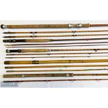 5x Various Antique fishing rods – featuring unnamed 10ft 5in 2pc with spare tip section, 8ft 6in 3pc