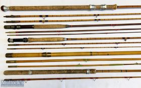 5x Various Antique fishing rods – featuring unnamed 10ft 5in 2pc with spare tip section, 8ft 6in 3pc