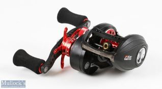 ABU Garcia Aero low profile Revo MGXtreme multiplier reel, in read and black finish, twin handle,
