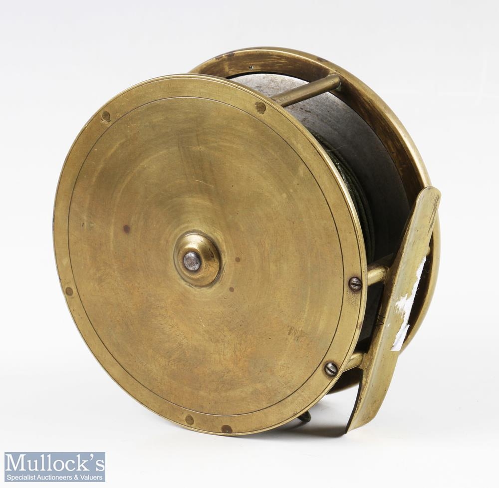 Struan Patent 4 ½” brass and alloy reel, makers marks to face with fat horn handle, brass back, - Image 2 of 2