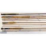 4x Various Antique split cane fishing rods – features E Kerry 8ft 9in 2pc, Sealey and Sons Octopus