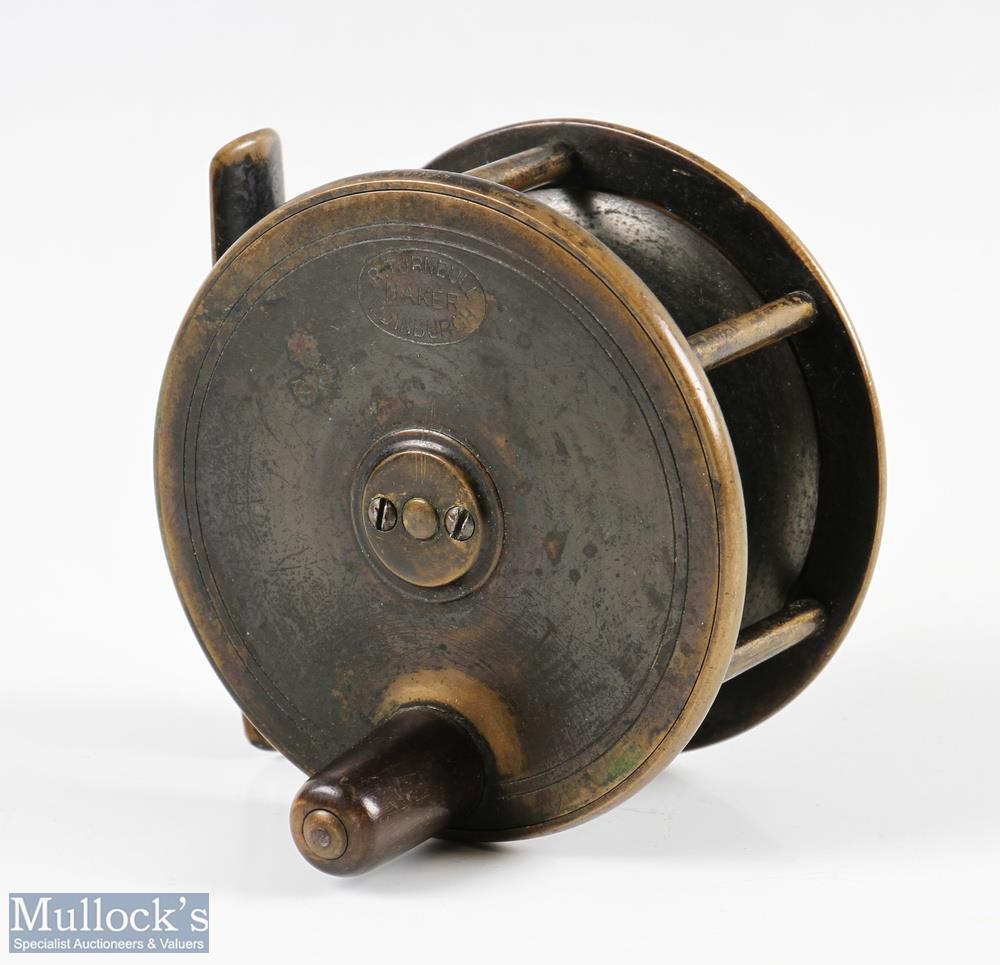 R Turnbull Edinburgh 3 ½” brass reel, stamped makers marks to faceplate, horn handle, runs smooth