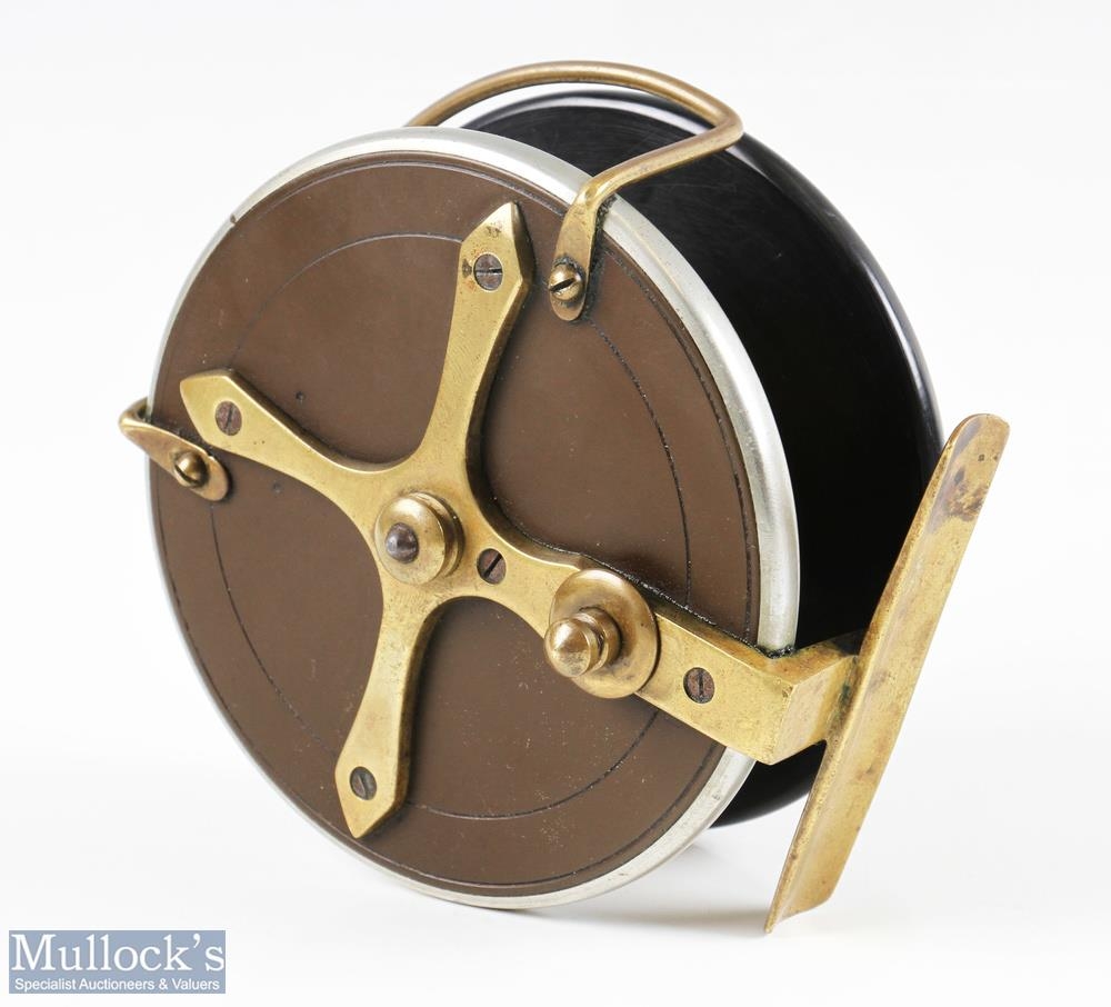 Victorian unmarked Slater Style 4” star back reel ebonite back and face with brass drum lining, - Image 2 of 3