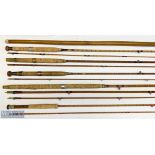 5x Various Antique fishing rods – featuring Walker of Newcastle 9ft 6in 2pc split cane, JJ Walker