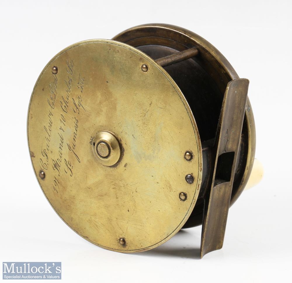 Chas Farlow & Co Ltd 4” brass reel, original fat handle, script makers marks to rear, fish logo to - Image 2 of 2