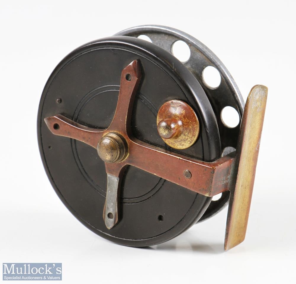 Crossle Patent 3” ebonite and brass star back reel alloy spool with wood lined core, twin black - Image 2 of 3